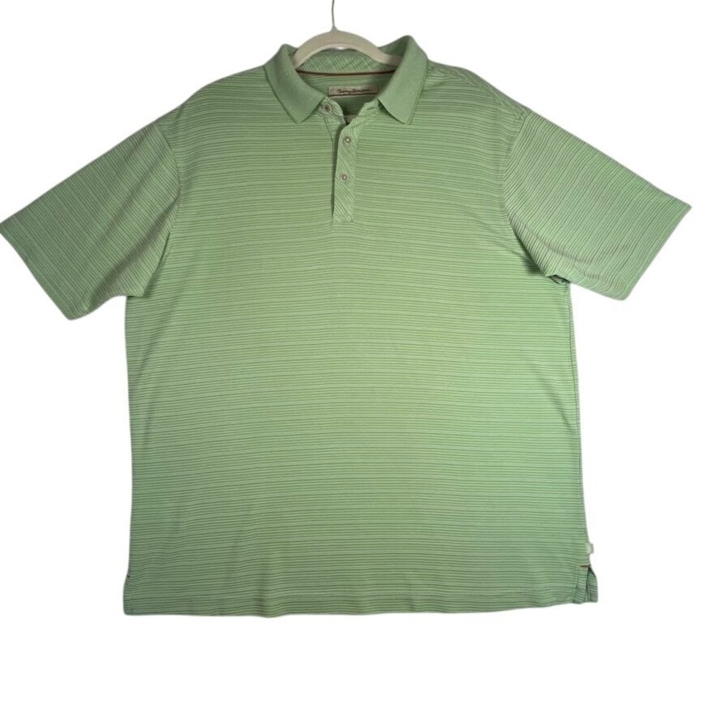 Tommy Bahama Green White Striped Modal Blend Polo Shirt Mens L Golf Coastal